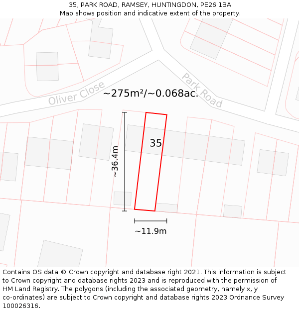 35, PARK ROAD, RAMSEY, HUNTINGDON, PE26 1BA: Plot and title map