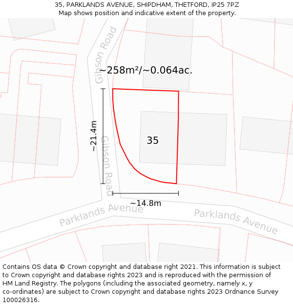 35, PARKLANDS AVENUE, SHIPDHAM, THETFORD, IP25 7PZ: Plot and title map