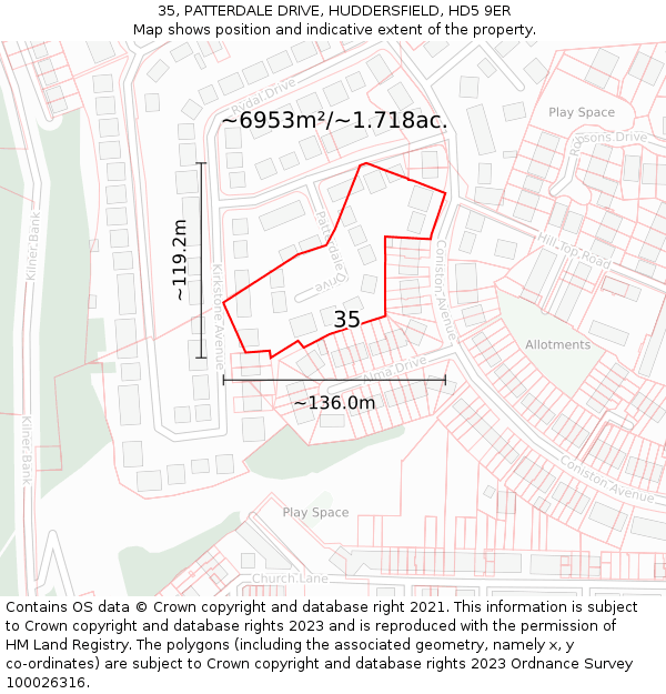 35, PATTERDALE DRIVE, HUDDERSFIELD, HD5 9ER: Plot and title map