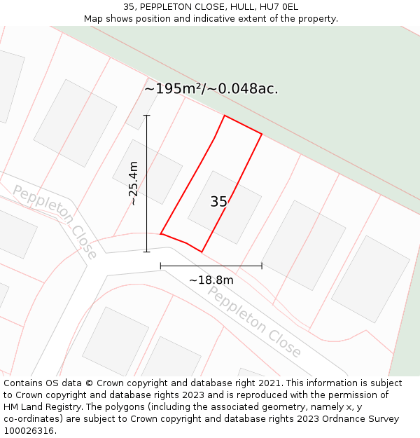 35, PEPPLETON CLOSE, HULL, HU7 0EL: Plot and title map