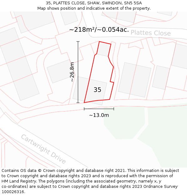 35, PLATTES CLOSE, SHAW, SWINDON, SN5 5SA: Plot and title map