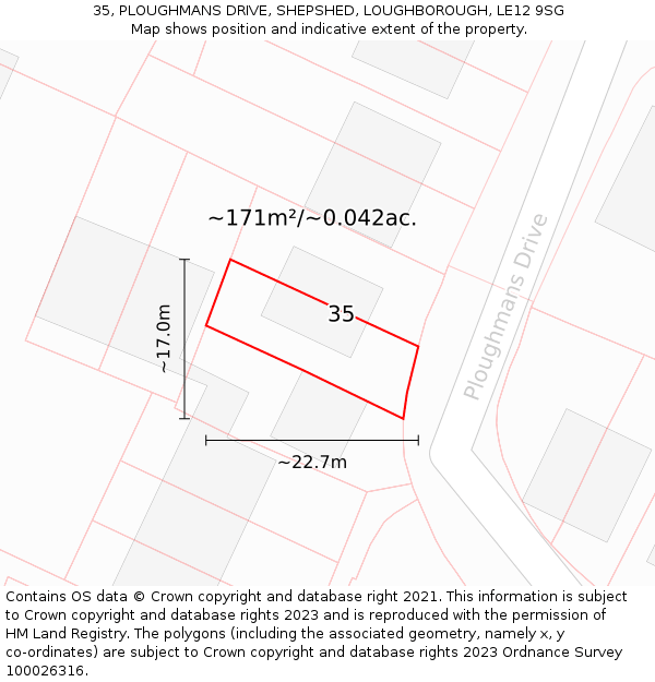 35, PLOUGHMANS DRIVE, SHEPSHED, LOUGHBOROUGH, LE12 9SG: Plot and title map