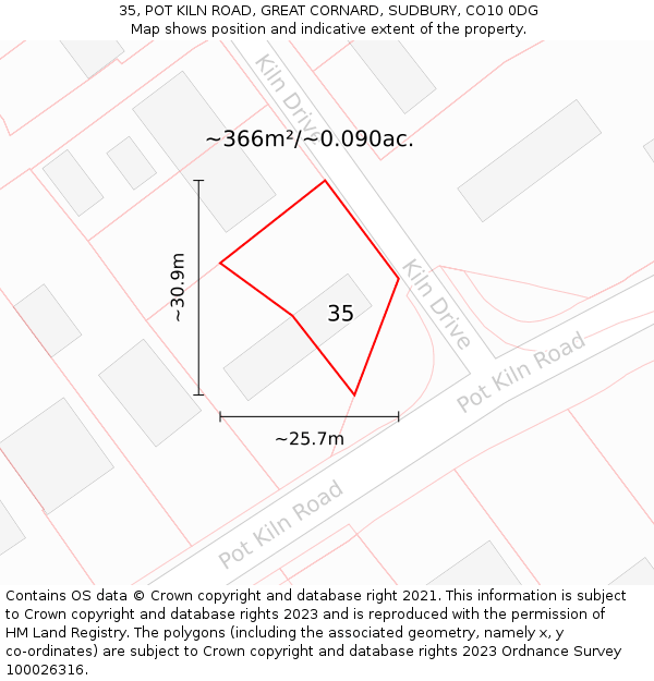 35, POT KILN ROAD, GREAT CORNARD, SUDBURY, CO10 0DG: Plot and title map