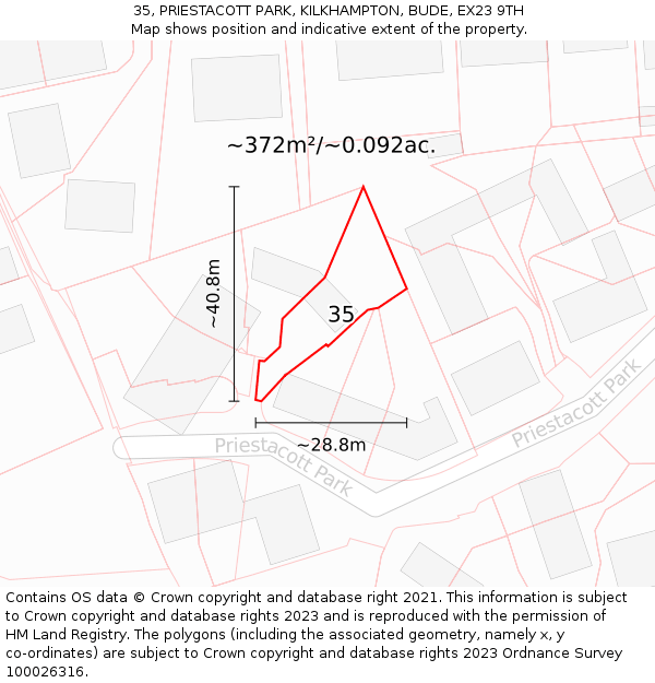 35, PRIESTACOTT PARK, KILKHAMPTON, BUDE, EX23 9TH: Plot and title map