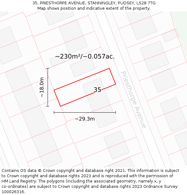 35, PRIESTHORPE AVENUE, STANNINGLEY, PUDSEY, LS28 7TG: Plot and title map