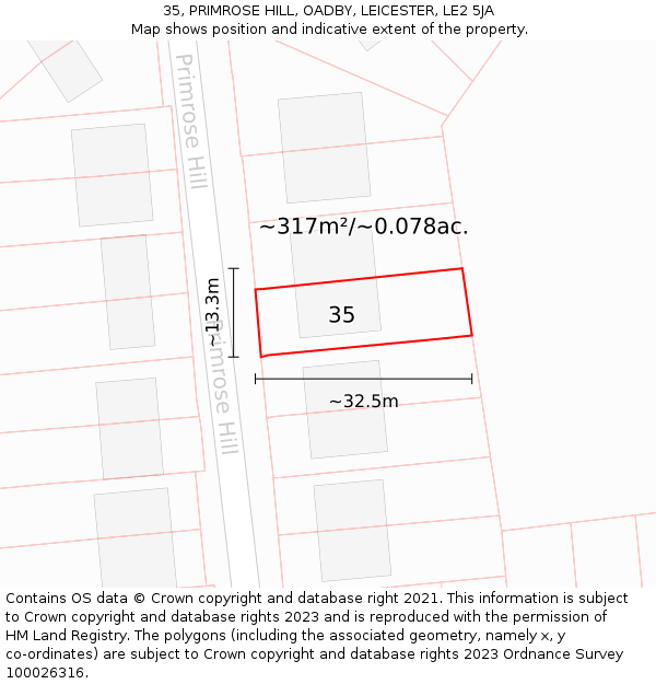 35, PRIMROSE HILL, OADBY, LEICESTER, LE2 5JA: Plot and title map