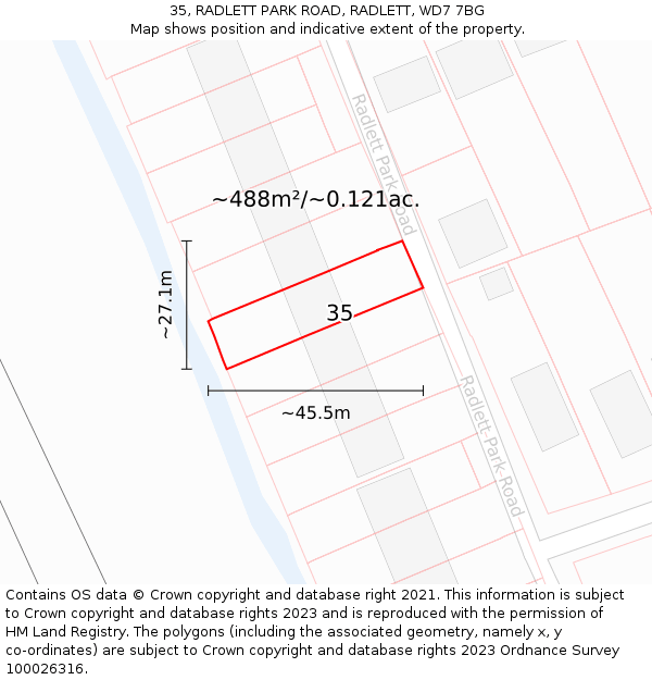 35, RADLETT PARK ROAD, RADLETT, WD7 7BG: Plot and title map