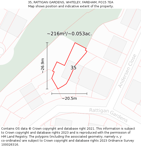 35, RATTIGAN GARDENS, WHITELEY, FAREHAM, PO15 7EA: Plot and title map