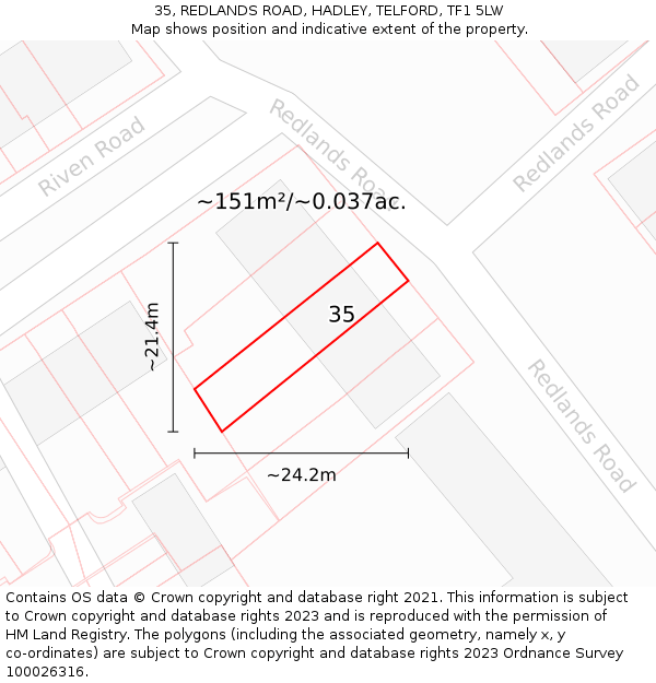 35, REDLANDS ROAD, HADLEY, TELFORD, TF1 5LW: Plot and title map