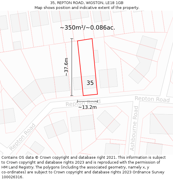 35, REPTON ROAD, WIGSTON, LE18 1GB: Plot and title map