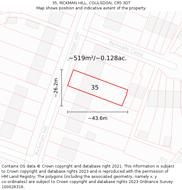 35, RICKMAN HILL, COULSDON, CR5 3DT: Plot and title map