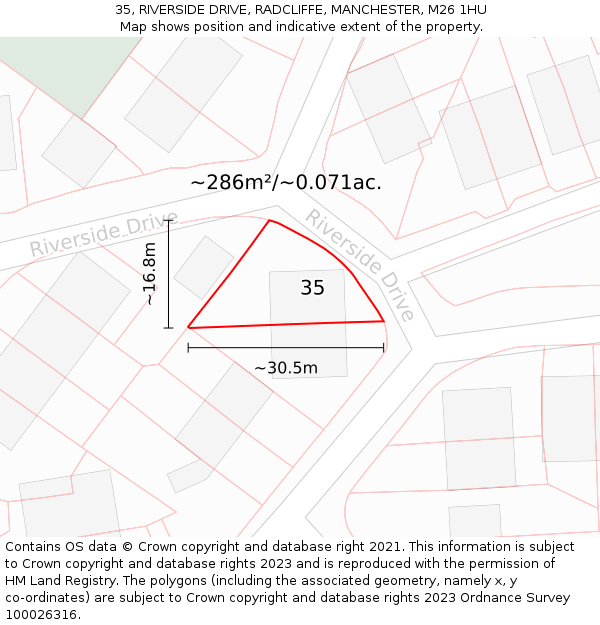 35, RIVERSIDE DRIVE, RADCLIFFE, MANCHESTER, M26 1HU: Plot and title map