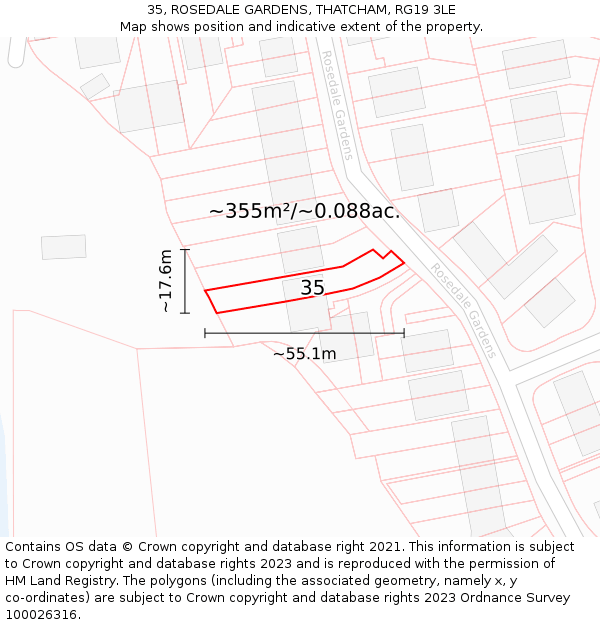 35, ROSEDALE GARDENS, THATCHAM, RG19 3LE: Plot and title map