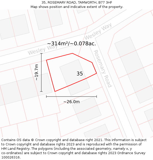 35, ROSEMARY ROAD, TAMWORTH, B77 3HF: Plot and title map