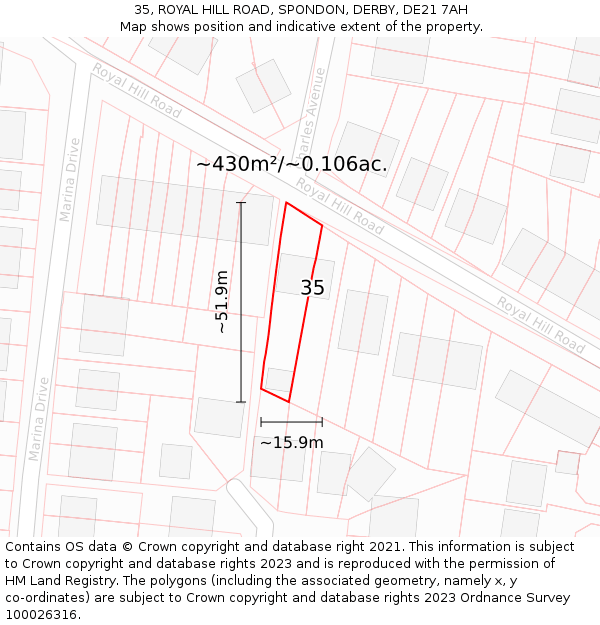 35, ROYAL HILL ROAD, SPONDON, DERBY, DE21 7AH: Plot and title map