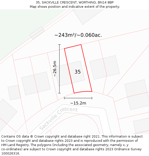 35, SACKVILLE CRESCENT, WORTHING, BN14 8BP: Plot and title map