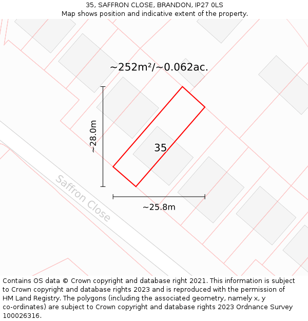 35, SAFFRON CLOSE, BRANDON, IP27 0LS: Plot and title map