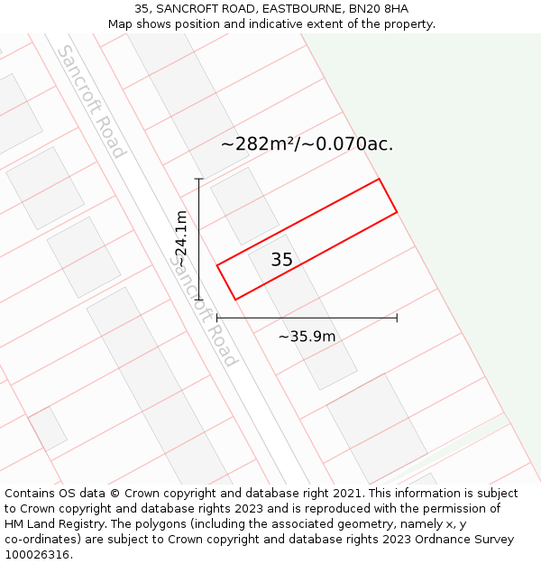 35, SANCROFT ROAD, EASTBOURNE, BN20 8HA: Plot and title map