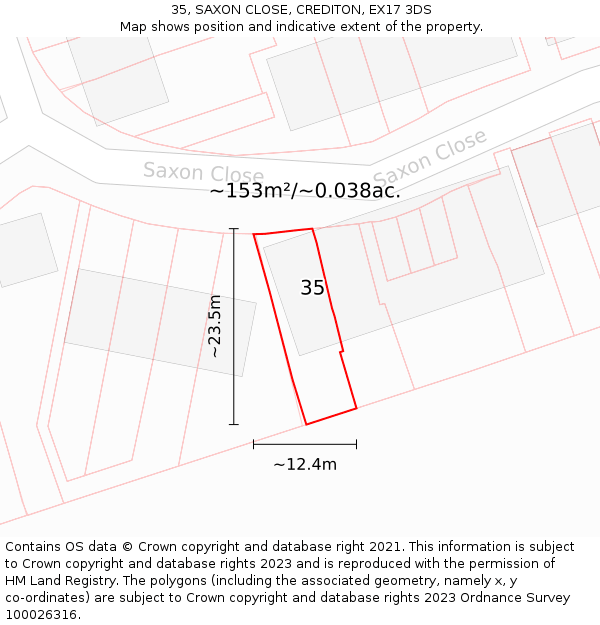 35, SAXON CLOSE, CREDITON, EX17 3DS: Plot and title map