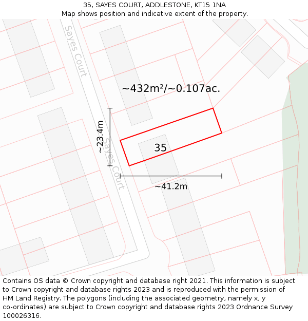 35, SAYES COURT, ADDLESTONE, KT15 1NA: Plot and title map