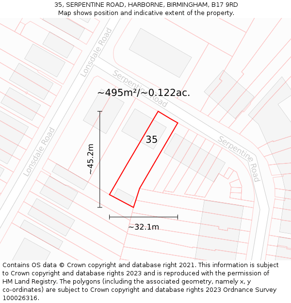 35, SERPENTINE ROAD, HARBORNE, BIRMINGHAM, B17 9RD: Plot and title map