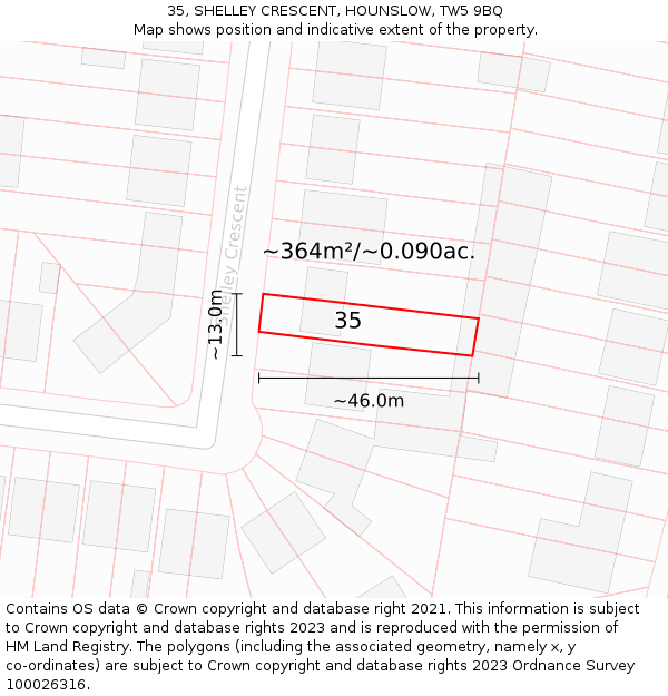 35, SHELLEY CRESCENT, HOUNSLOW, TW5 9BQ: Plot and title map