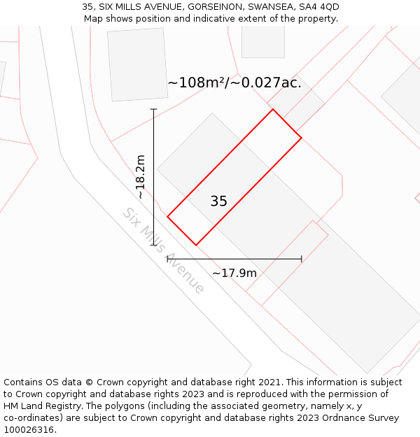 35, SIX MILLS AVENUE, GORSEINON, SWANSEA, SA4 4QD: Plot and title map