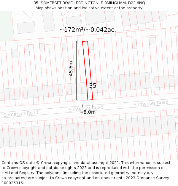 35, SOMERSET ROAD, ERDINGTON, BIRMINGHAM, B23 6NQ: Plot and title map