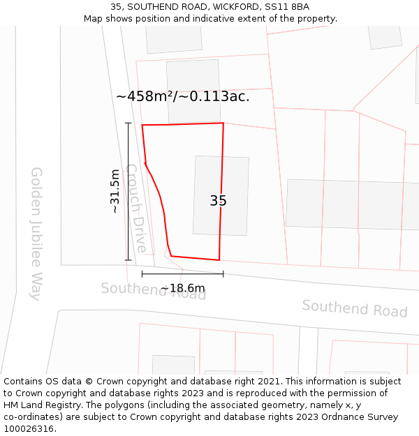 35, SOUTHEND ROAD, WICKFORD, SS11 8BA: Plot and title map