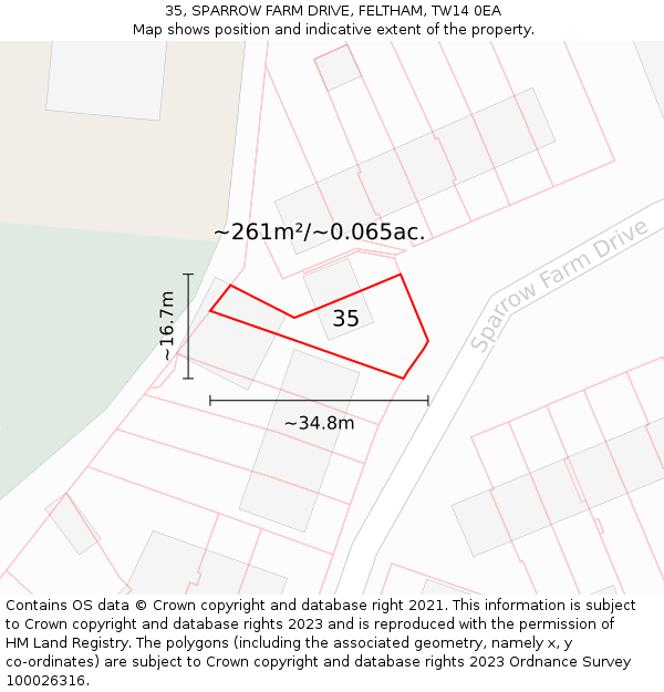 35, SPARROW FARM DRIVE, FELTHAM, TW14 0EA: Plot and title map