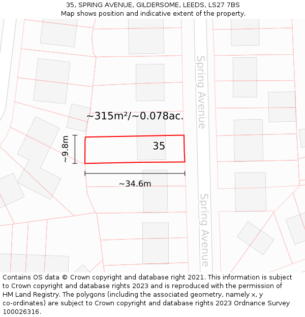 35, SPRING AVENUE, GILDERSOME, LEEDS, LS27 7BS: Plot and title map