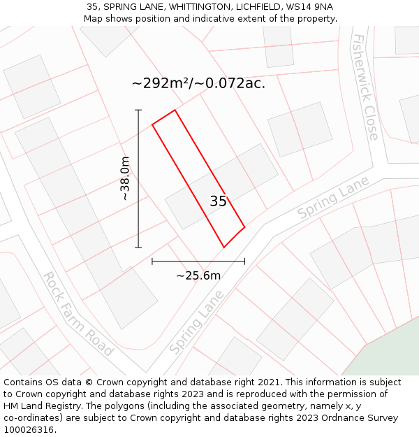 35, SPRING LANE, WHITTINGTON, LICHFIELD, WS14 9NA: Plot and title map