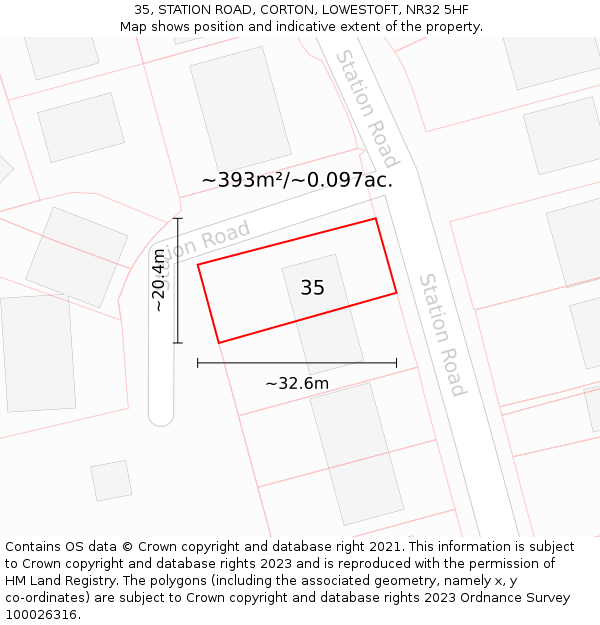 35, STATION ROAD, CORTON, LOWESTOFT, NR32 5HF: Plot and title map