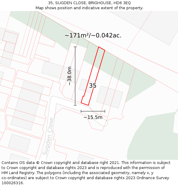 35, SUGDEN CLOSE, BRIGHOUSE, HD6 3EQ: Plot and title map