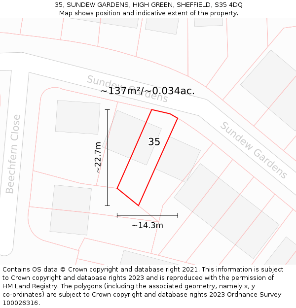 35, SUNDEW GARDENS, HIGH GREEN, SHEFFIELD, S35 4DQ: Plot and title map