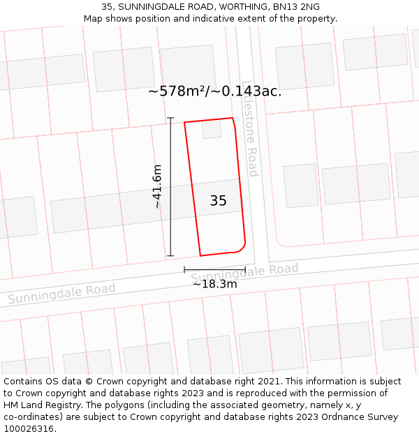 35, SUNNINGDALE ROAD, WORTHING, BN13 2NG: Plot and title map