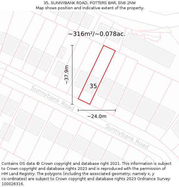 35, SUNNYBANK ROAD, POTTERS BAR, EN6 2NW: Plot and title map