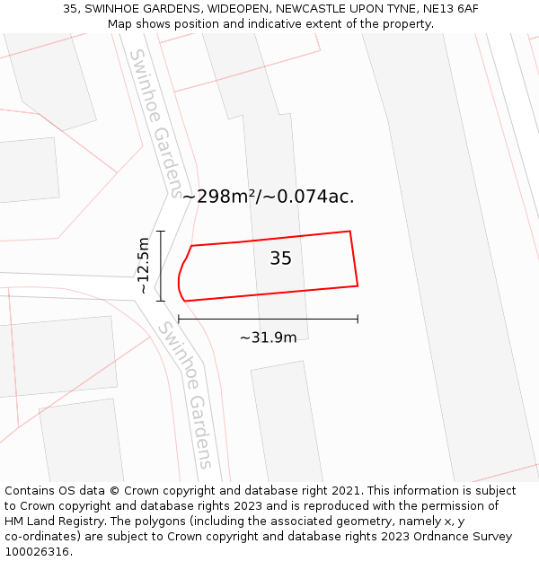 35, SWINHOE GARDENS, WIDEOPEN, NEWCASTLE UPON TYNE, NE13 6AF: Plot and title map