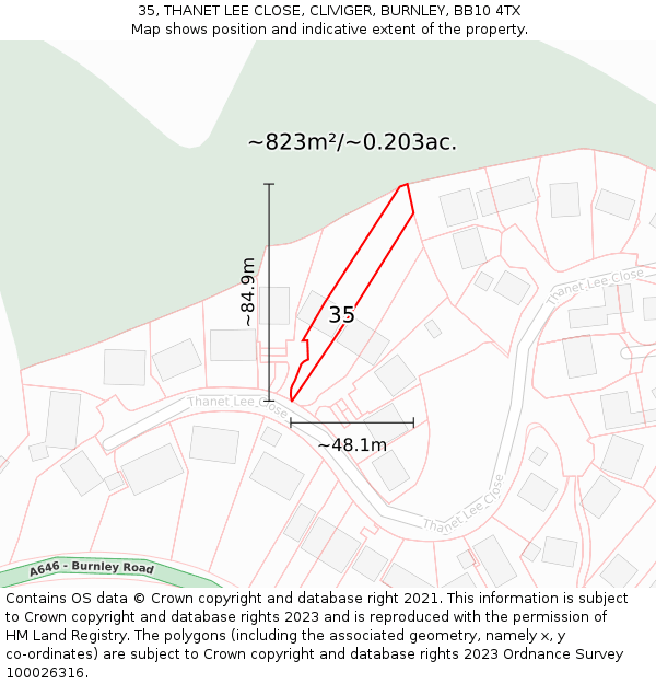 35, THANET LEE CLOSE, CLIVIGER, BURNLEY, BB10 4TX: Plot and title map