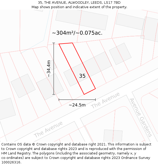 35, THE AVENUE, ALWOODLEY, LEEDS, LS17 7BD: Plot and title map