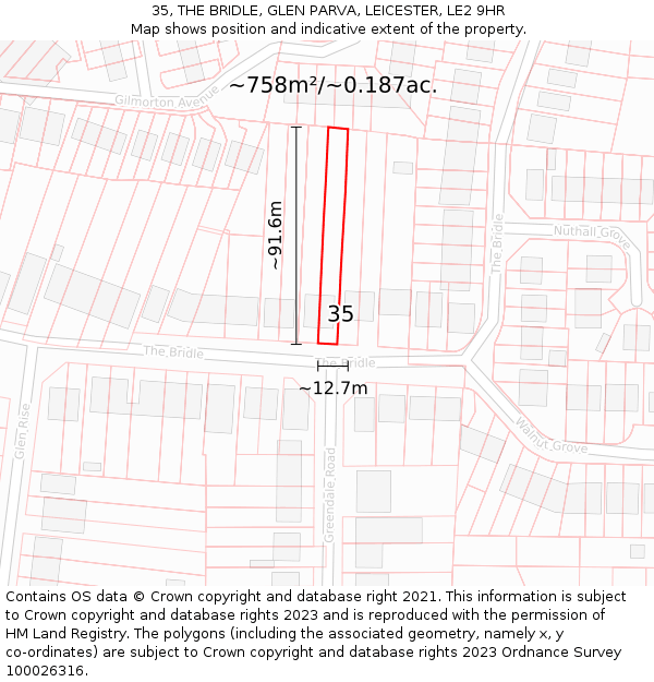 35, THE BRIDLE, GLEN PARVA, LEICESTER, LE2 9HR: Plot and title map