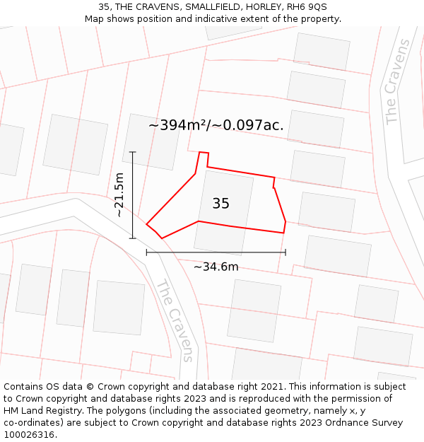 35, THE CRAVENS, SMALLFIELD, HORLEY, RH6 9QS: Plot and title map