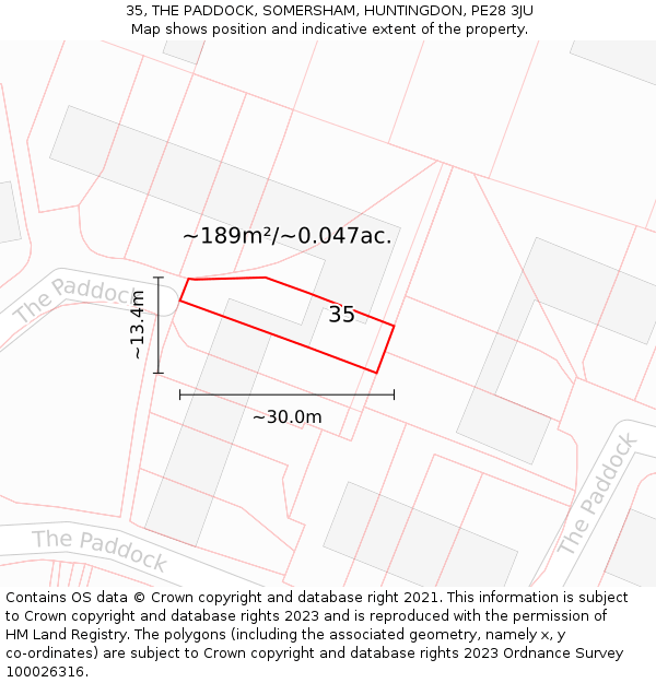 35, THE PADDOCK, SOMERSHAM, HUNTINGDON, PE28 3JU: Plot and title map