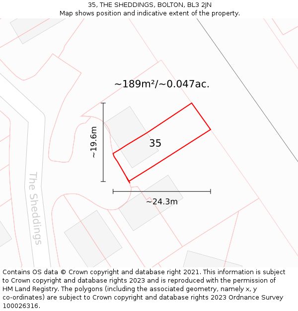 35, THE SHEDDINGS, BOLTON, BL3 2JN: Plot and title map