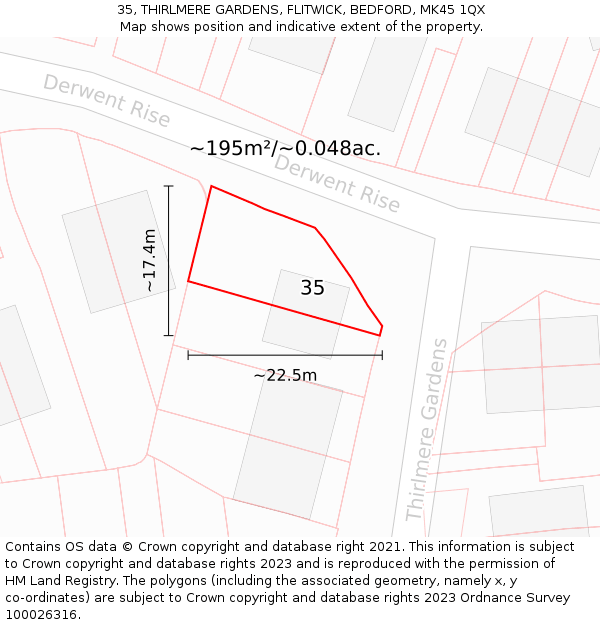 35, THIRLMERE GARDENS, FLITWICK, BEDFORD, MK45 1QX: Plot and title map