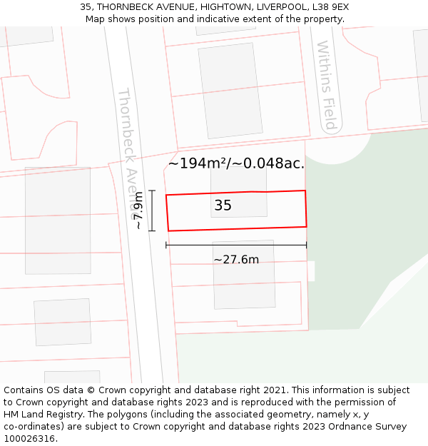 35, THORNBECK AVENUE, HIGHTOWN, LIVERPOOL, L38 9EX: Plot and title map