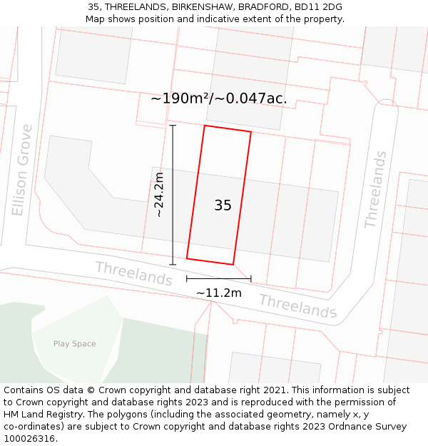 35, THREELANDS, BIRKENSHAW, BRADFORD, BD11 2DG: Plot and title map