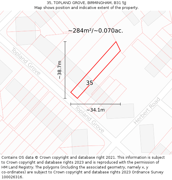 35, TOPLAND GROVE, BIRMINGHAM, B31 5JJ: Plot and title map