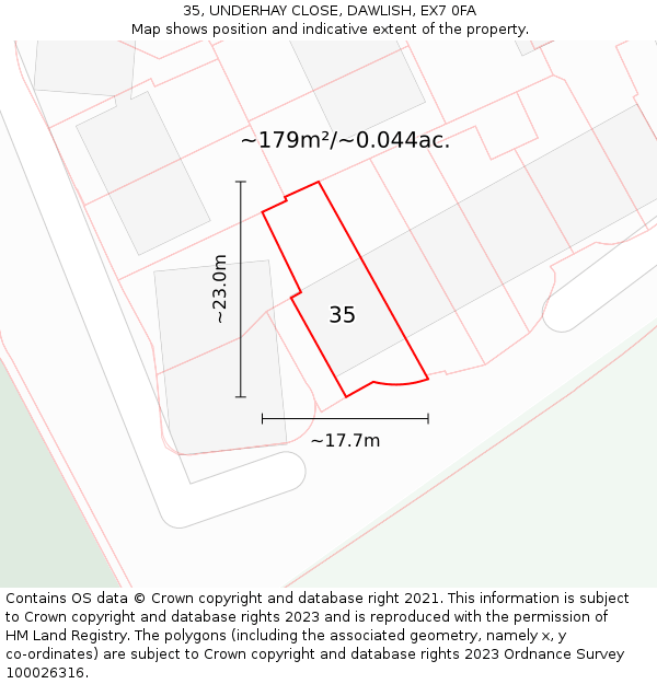 35, UNDERHAY CLOSE, DAWLISH, EX7 0FA: Plot and title map
