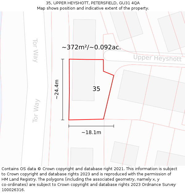 35, UPPER HEYSHOTT, PETERSFIELD, GU31 4QA: Plot and title map